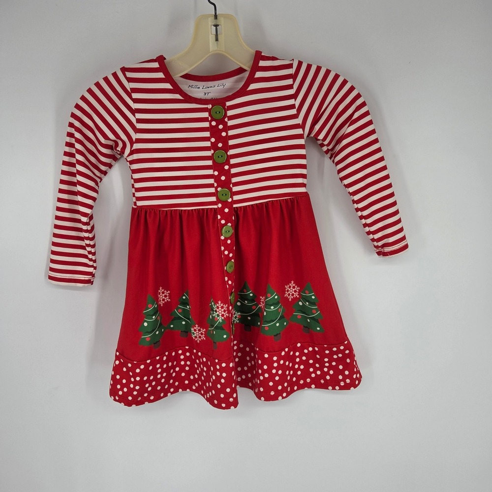 Millie Loves Lily Girls Red White Striped Christmas Tree Dress 3T Holiday